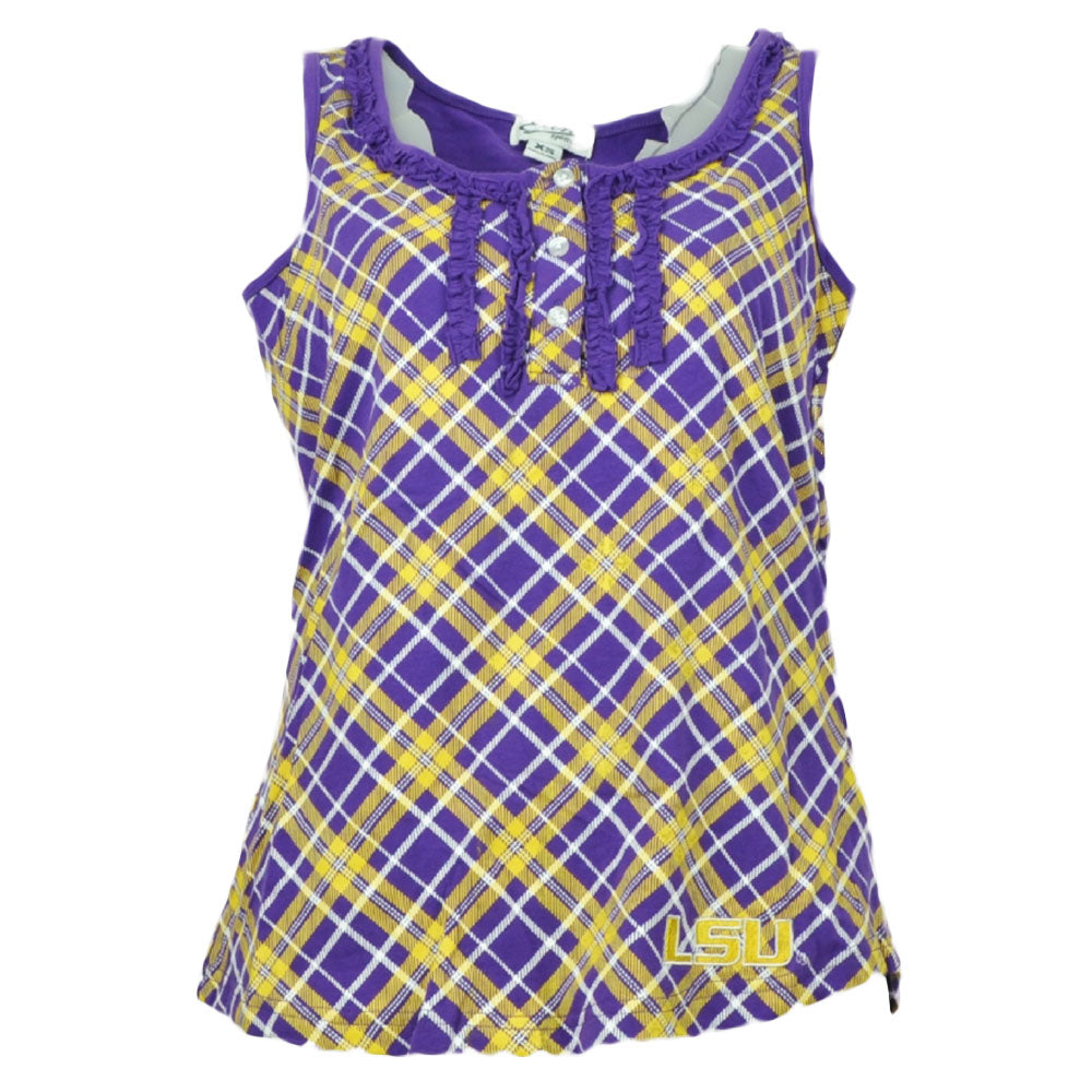 NCAA Louisiana LSU Tigers Womens Tank Top Plaid Pattern Purple Yellow Tee Ruffle