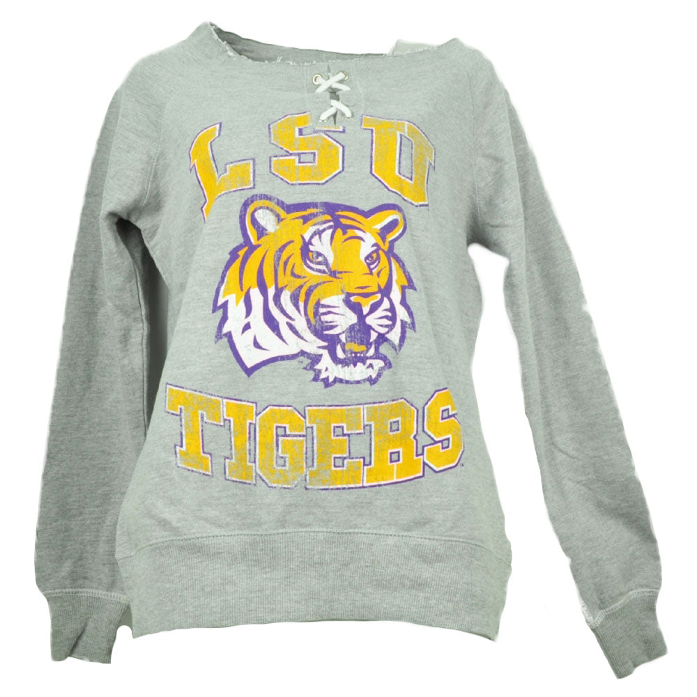 NCAA Louisiana LSU Tigers Distressed Logo Frayed Hem Gray Pullover Ladies