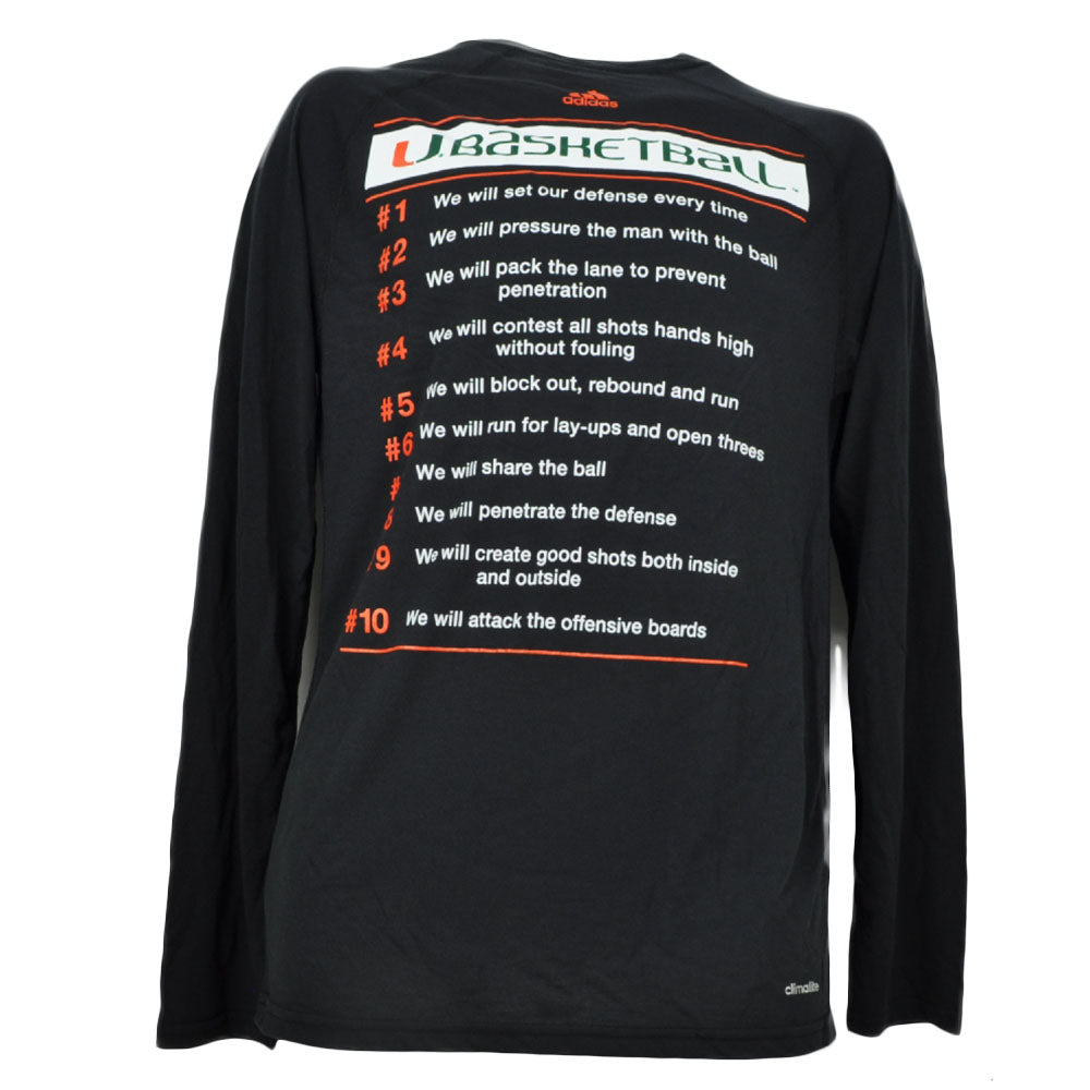 NCAA Adidas Miami Hurricanes Canes Basketball Black Long Sleeve Tshirt Tee Mens
