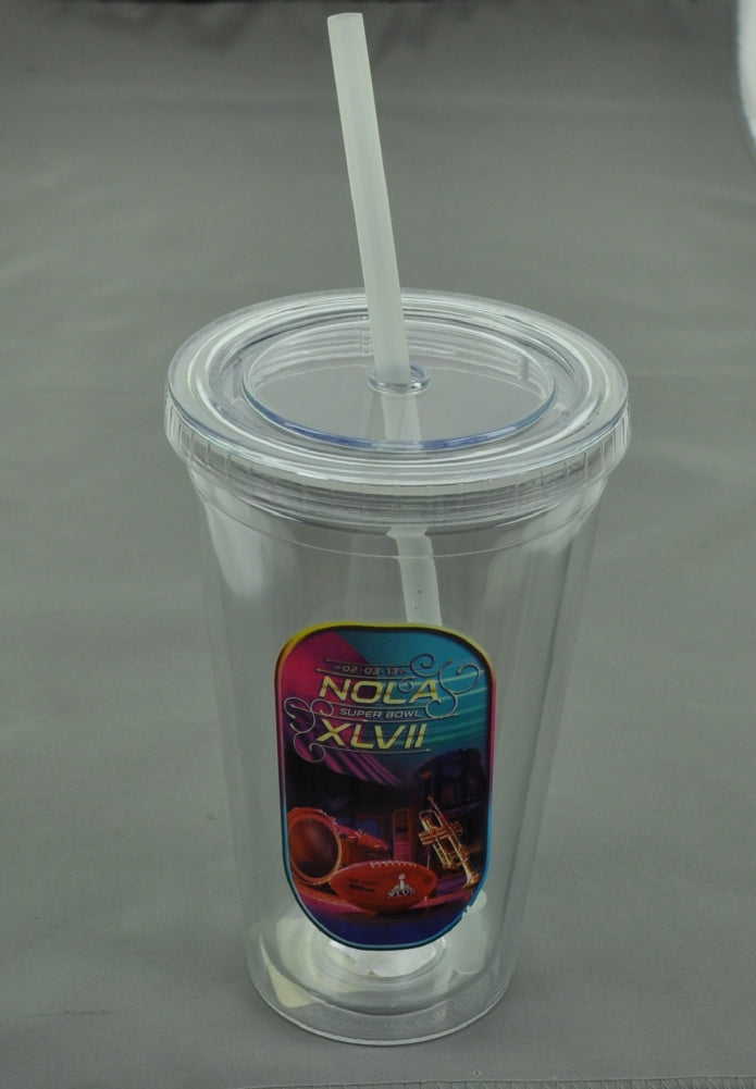 Nola Super Bowl XLVII Football Sip N Go Cup Clear Straw Tumbler Lid 16oz Water