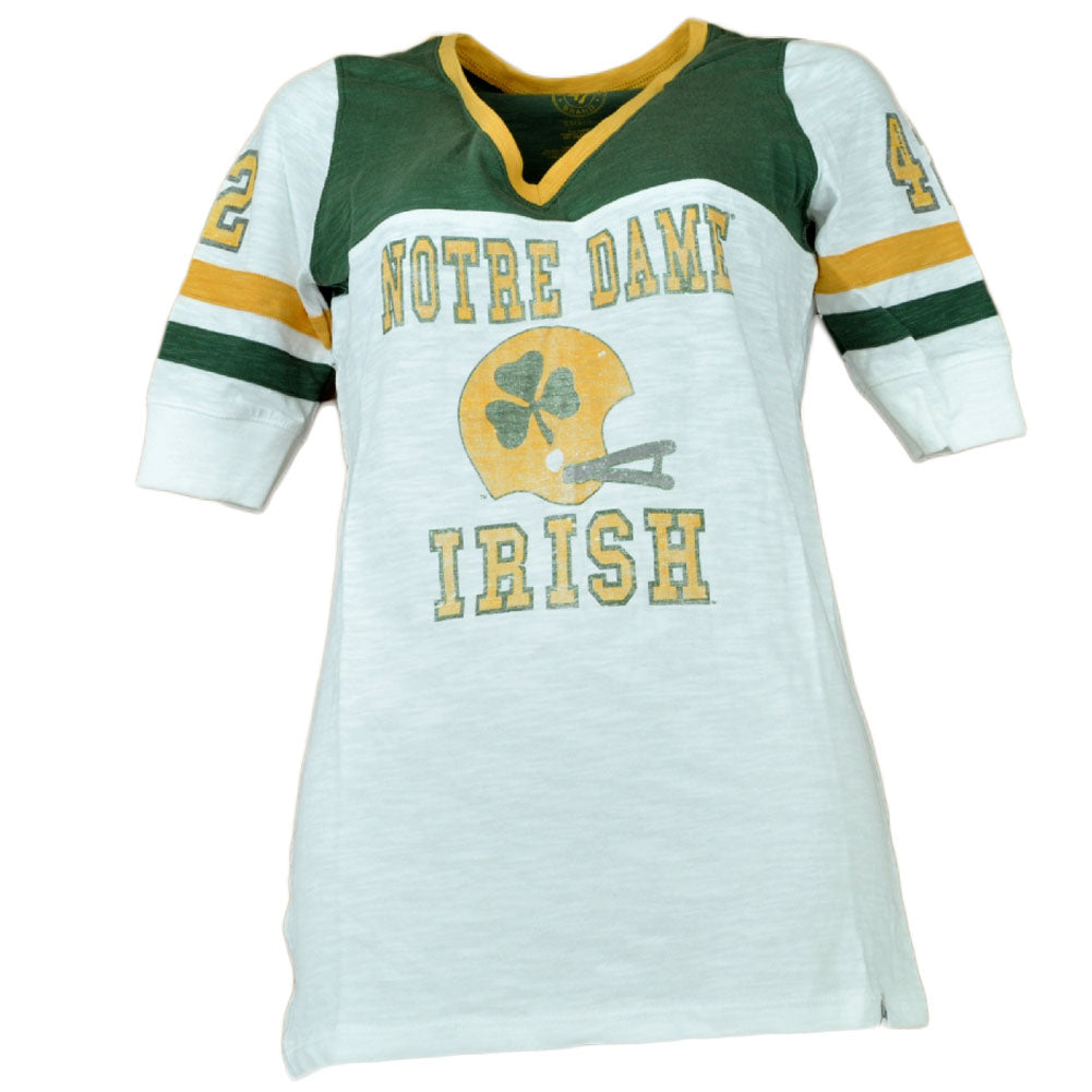 NCAA Notre Dame Fighting Irish Distressed V Neck Womens Tshirt Tee Striped