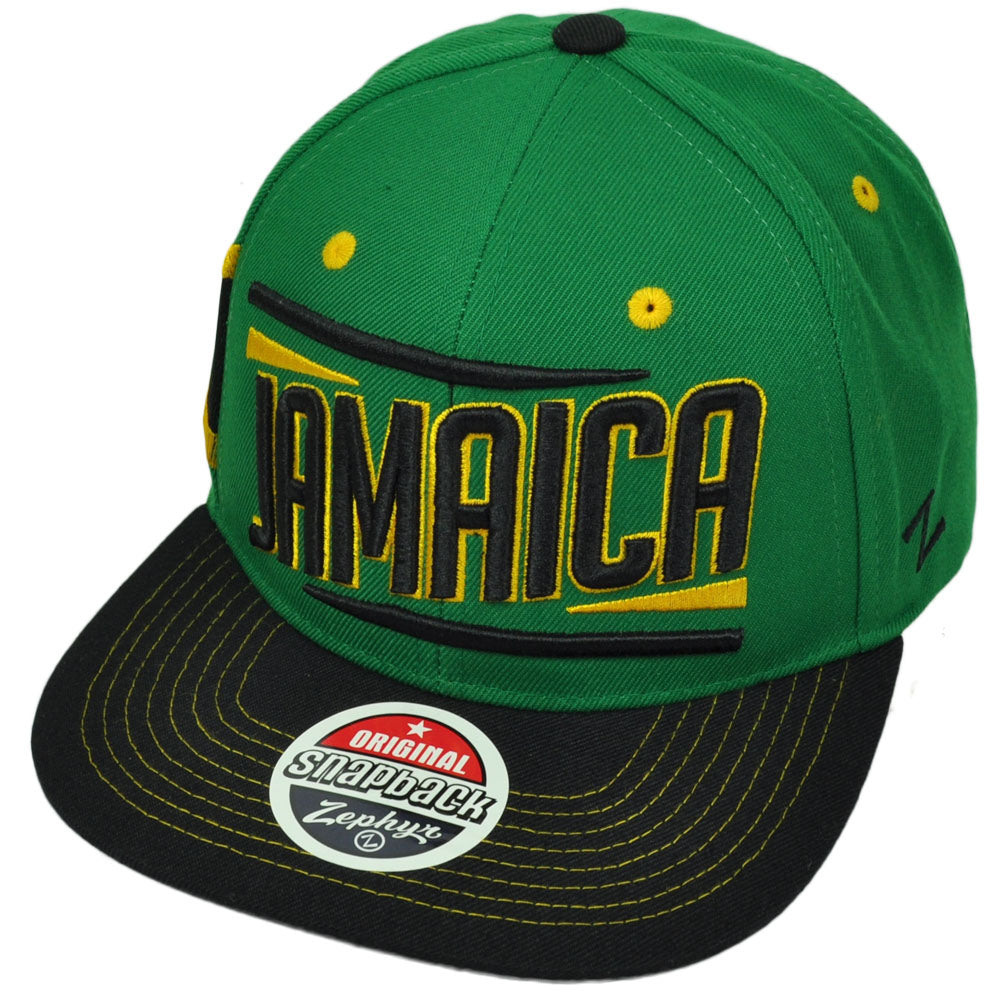 Zephyr Victory Jamaica Country Flag Green Black Flat Bill Snapback Hat Cap