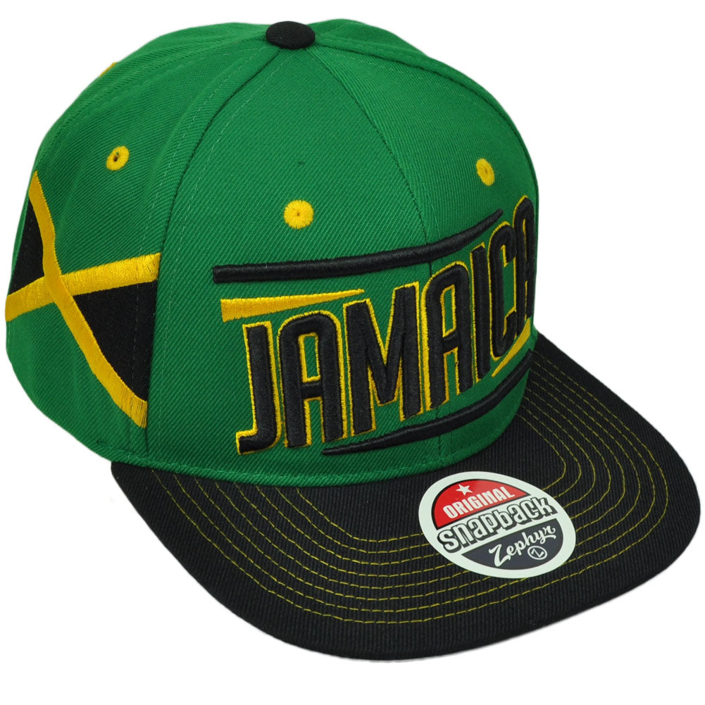 Zephyr Victory Jamaica Country Flag Green Black Flat Bill Snapback Hat Cap