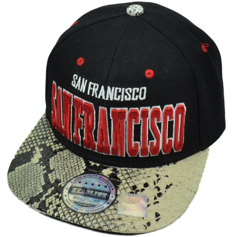 San Francisco City Town Faux Snake Skin Snapback Flat Bill Hat Cap Black Red
