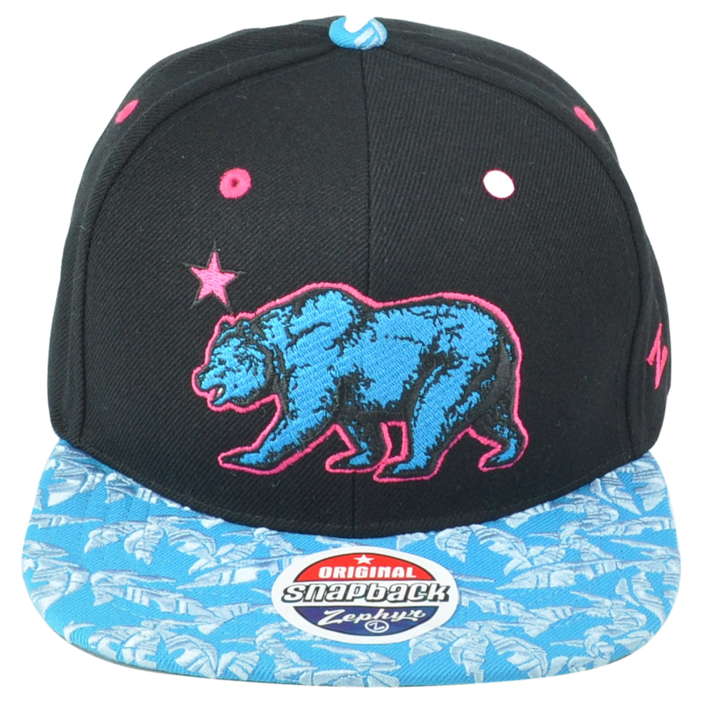 Zephyr California Cali Bear Republic Snapback Flat Bill State Black USA Hat Cap
