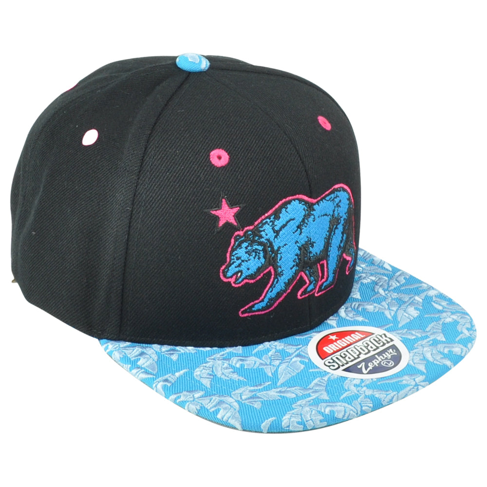 Zephyr California Cali Bear Republic Snapback Flat Bill State Black USA Hat Cap