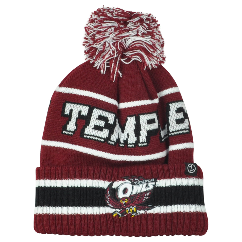 NCAA Zephyr Temple Owls Striped Soft Fleece Pom Pom Sport Cuffed Knit Beanie Hat