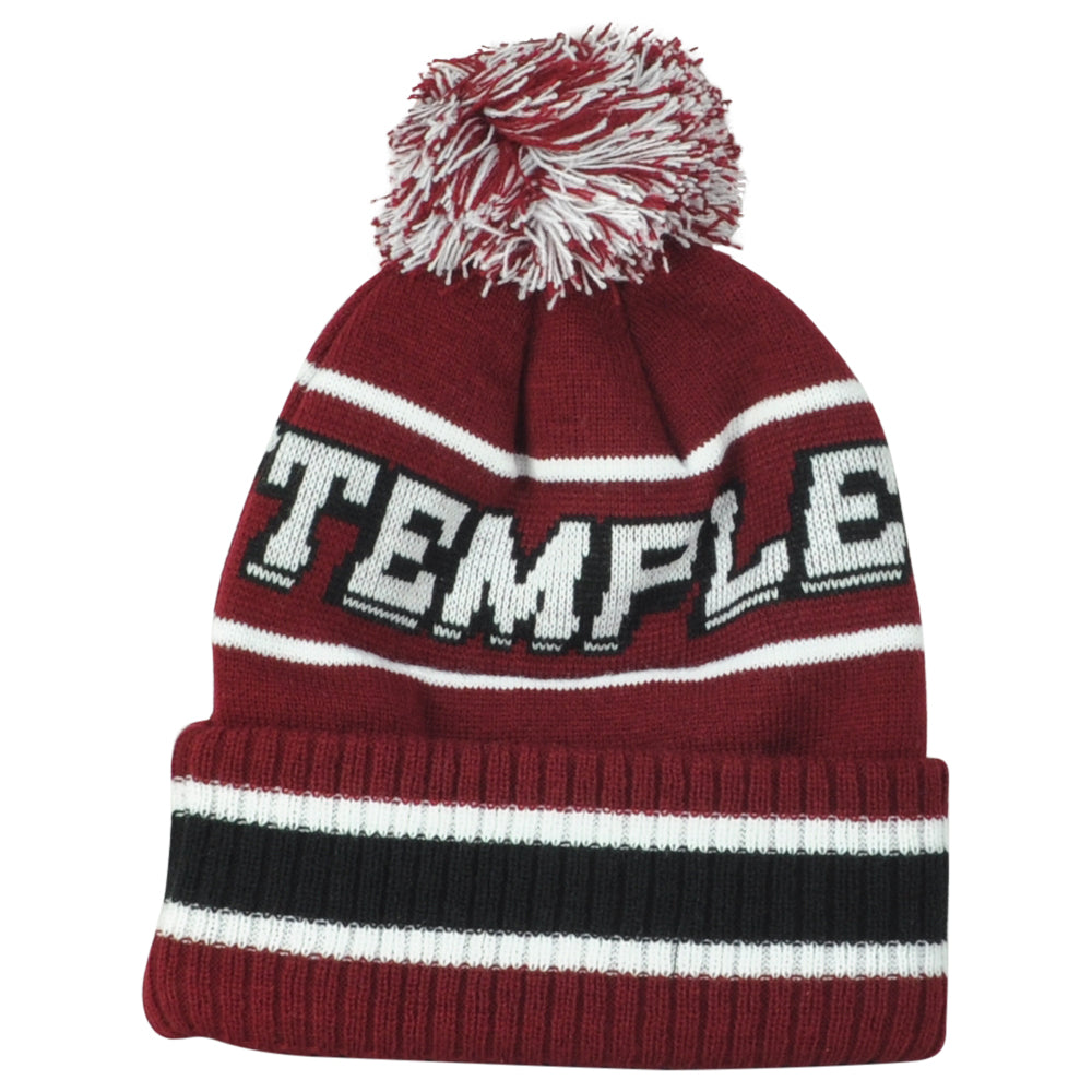 NCAA Zephyr Temple Owls Striped Soft Fleece Pom Pom Sport Cuffed Knit Beanie Hat