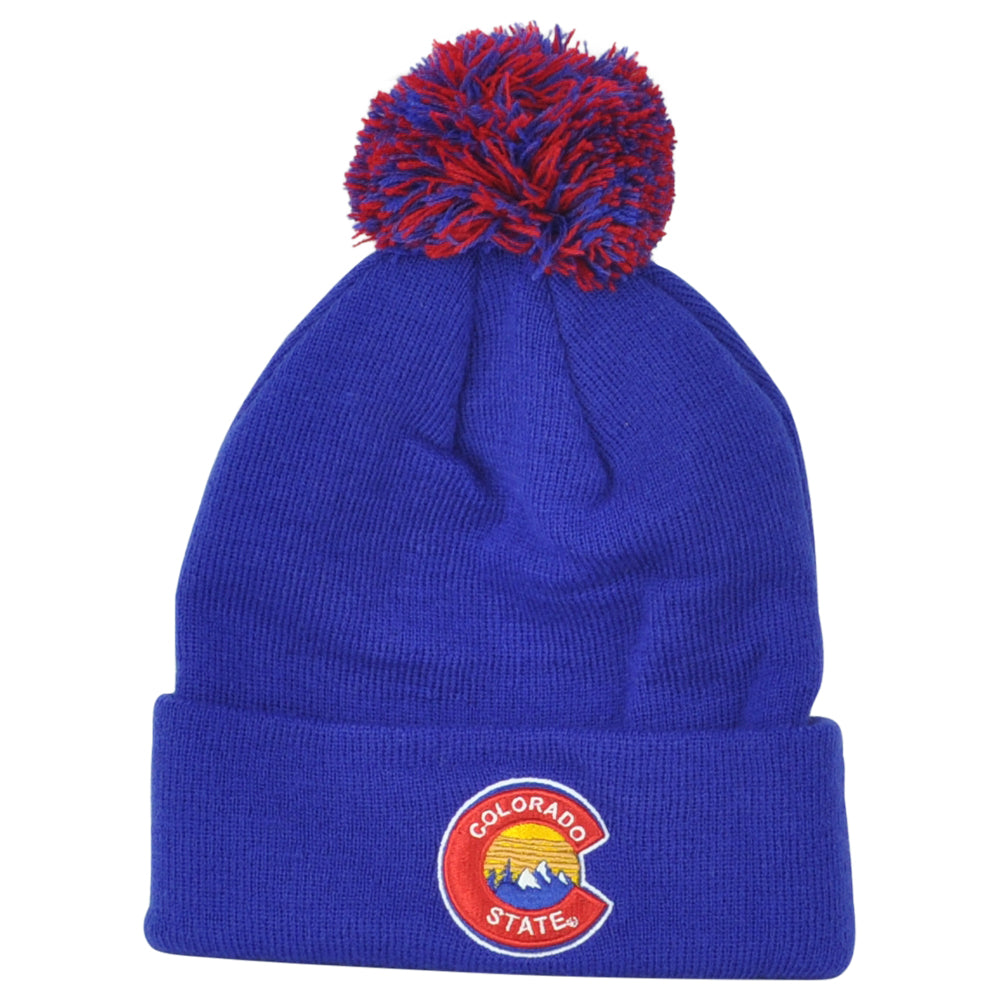 Zephyr Colorado State USA Vector Logo Pom Pom Cuffed Blue Knit Beanie Hat Winter