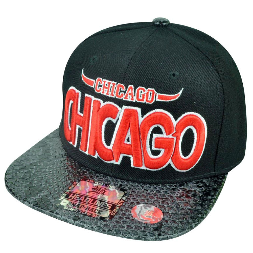 Chicago City Chi Town Illinois Blk Faux Snake Visor Adjustable Snapback Hat Cap