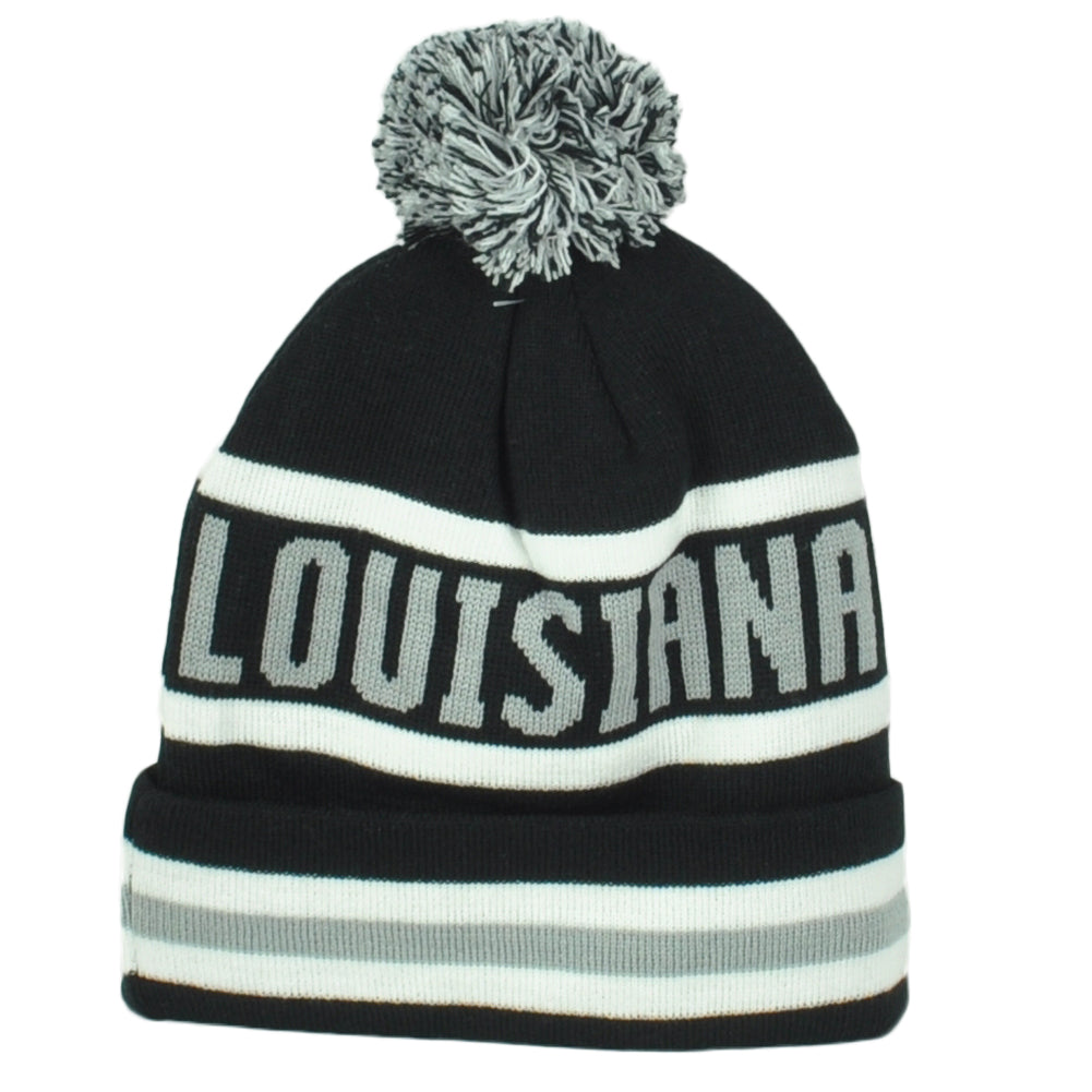 Top Level Lousiana State USA Logo Pom Pom Cuffed Black Knit Beanie Hat Winter