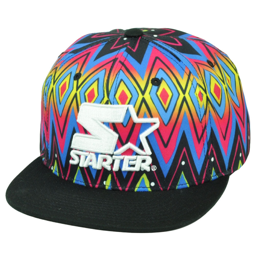 Starter Logo Black Blue Yellow Pink Trippy Zig Zag Graphics Snapback Hat Cap