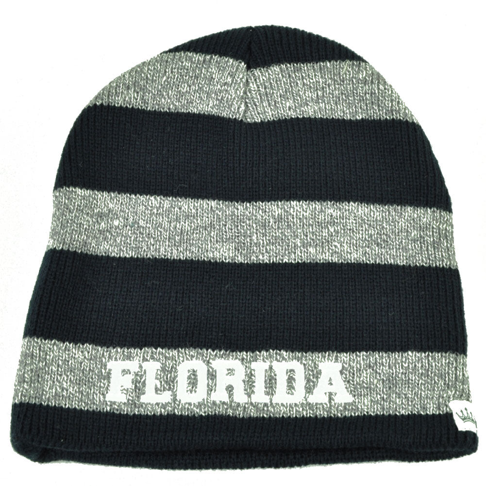 Florida Sunshine State Black Gray Striped Knit Beanie Cuffless Hat Beaches USA