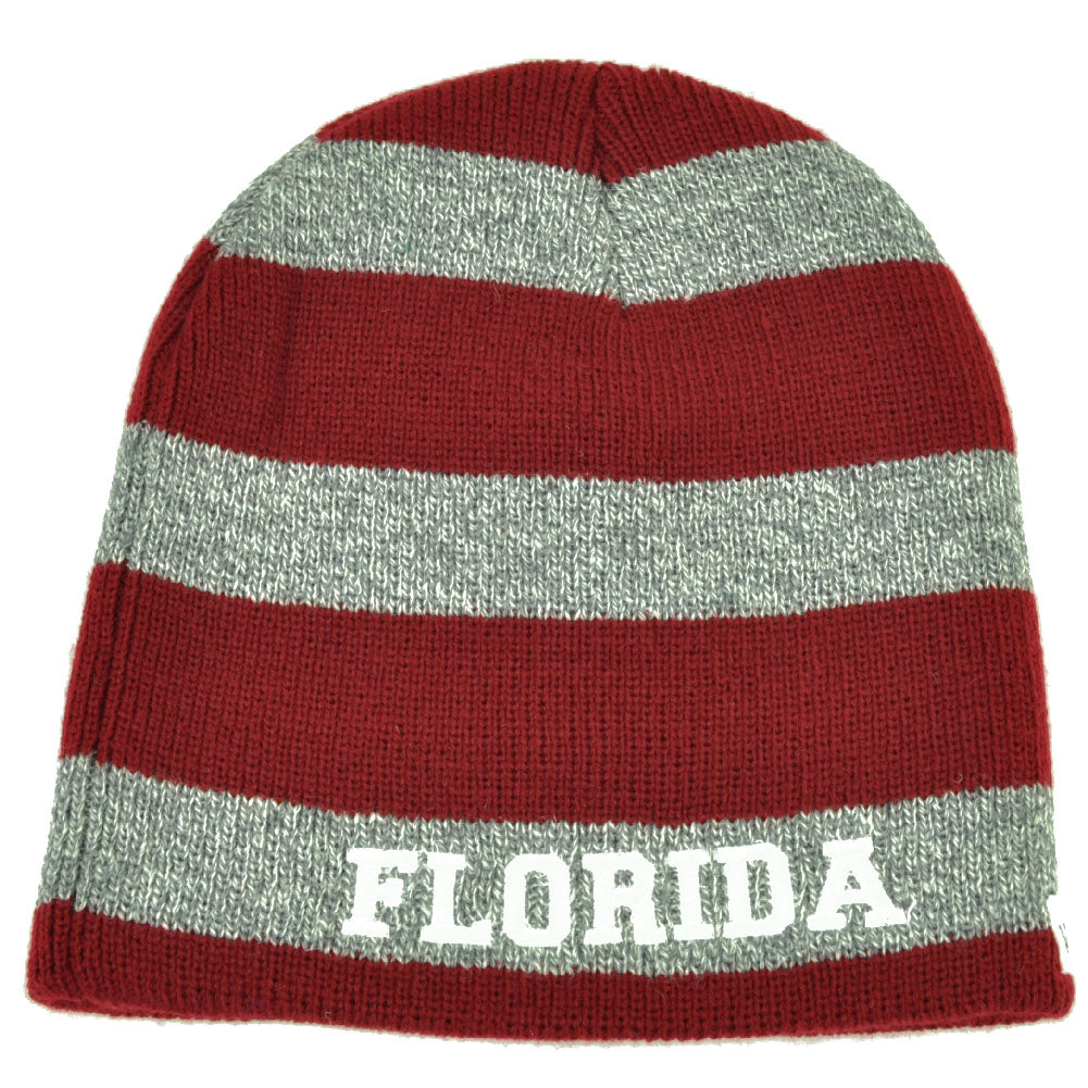 Florida Sunshine State Burgundy Gray Striped Knit Beanie Cuffless Hat Beaches
