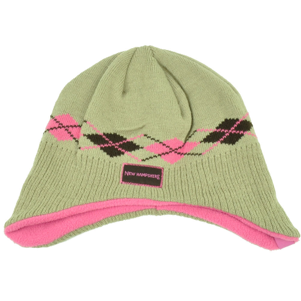 New Hampshire Argyle Ear Flap Knit Beanie Toddler Khaki Pink State USA Hat Girl