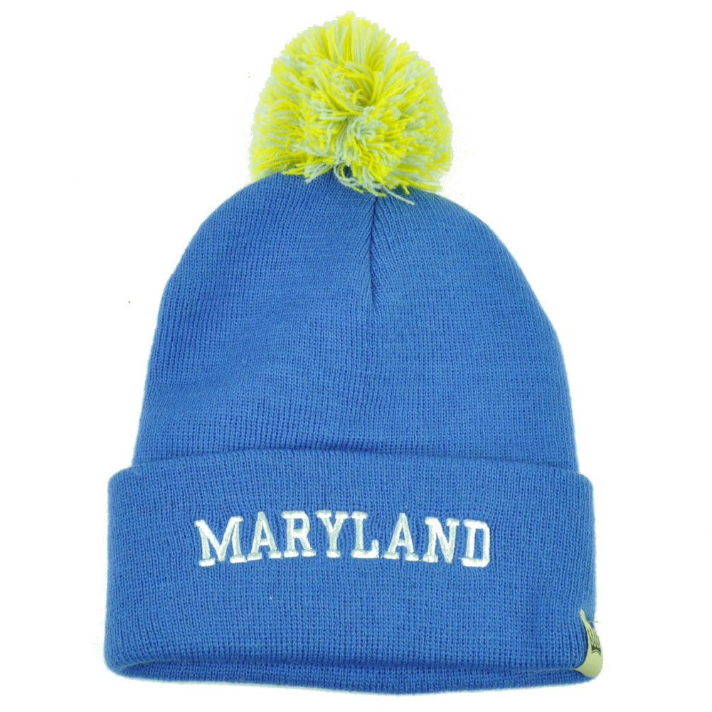 Maryland Old Line State Cuffed Pom Pom Beanie Knit Hat Blue Polly Acrylic USA