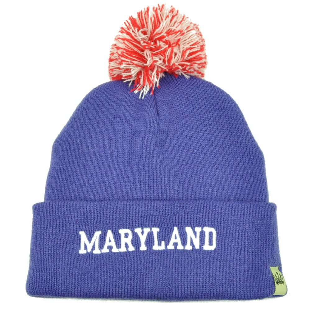Maryland Old Line State Cuffed Pom Pom Beanie Knit Hat Purple Polly Acrylic USA