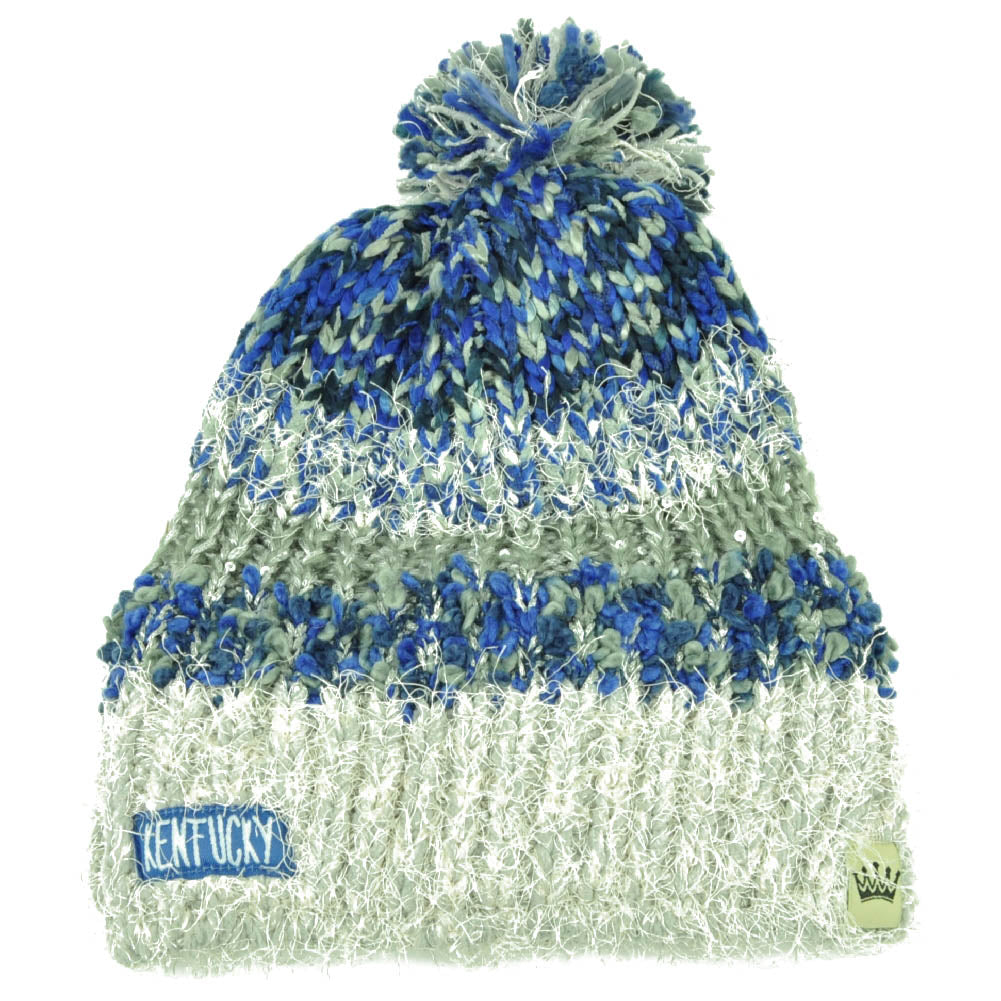 Kentucky State Womens Knit Beanie Crochet Pom Pom Sequin Fuzzy Blue Gray Striped