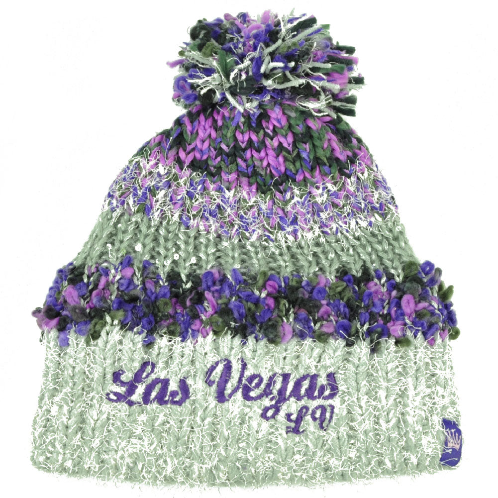 Las Vegas City Womens Knit Beanie Crochet Pom Pom Sequin Fuzzy Purple Striped