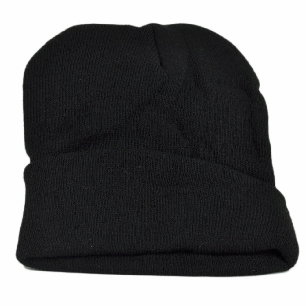 Plain Blank Solid Cuffed Black Knit Beanie Toque Hat Winter Thick Skully Cold
