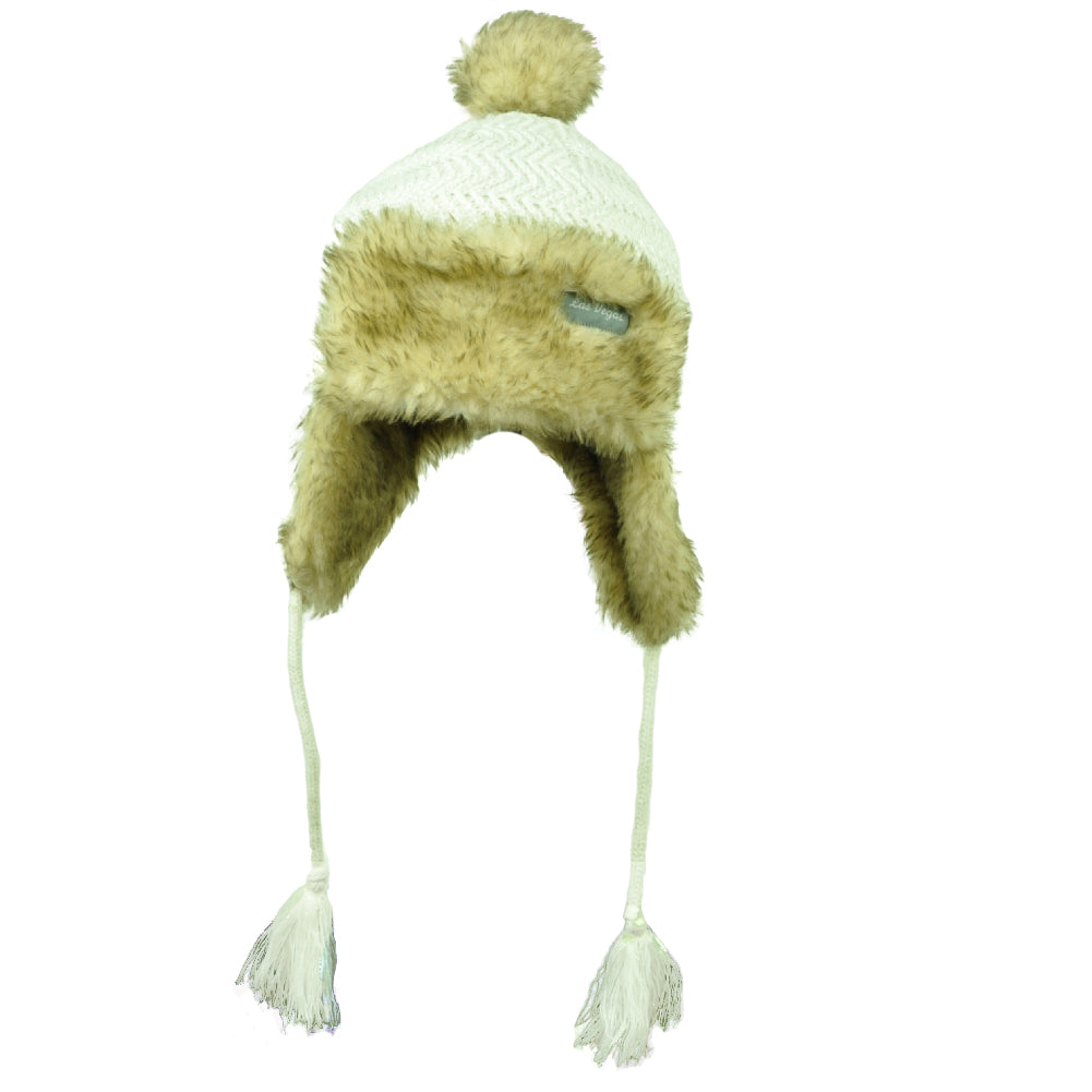 Las Vegas Crochet Aviator White Faux Fur Ear Flap Knit Beanie Womens Sin City