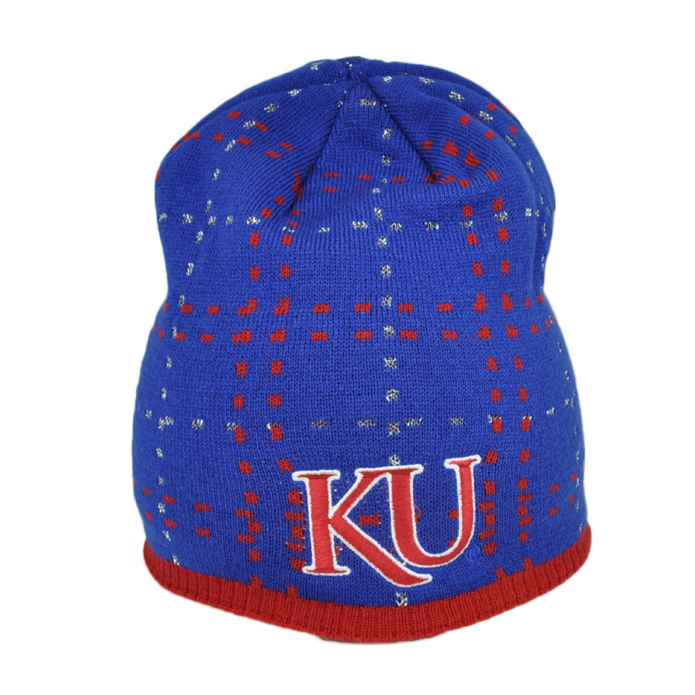NCAA Kansas Jayhawks 057KW Dotted Pattern Knit Beanie Red Blue Hat One Size