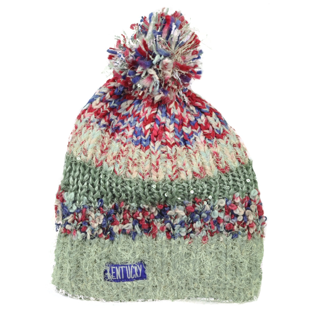 Kentucky State USA Women Pink Knit Beanie Crochet Pom Pom Sequin Fuzzy Striped