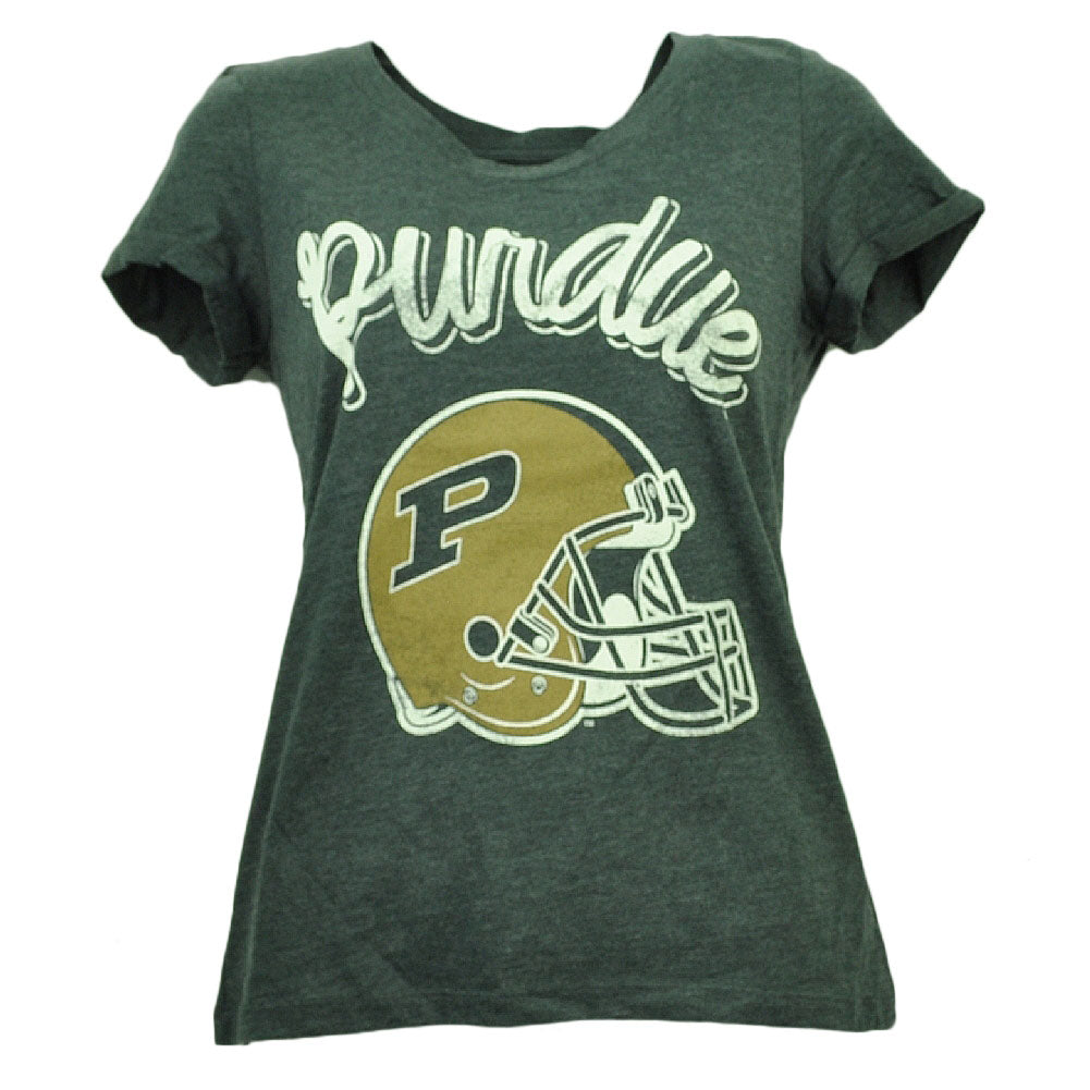 Purdue Boilermakers Distressed Womens Tshirt Helmet Short Sleeve Crew Neck