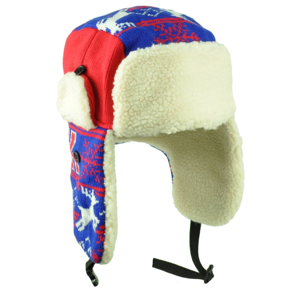 New York Trapper Aviator Knit Beanie Fleece Nordic Hat Ear Flap State Blue Red