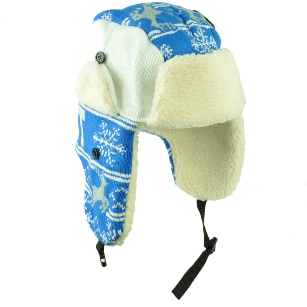 Detroit Trapper Aviator Knit Beanie Fleece Nordic Hat Ear Flap City Blue White