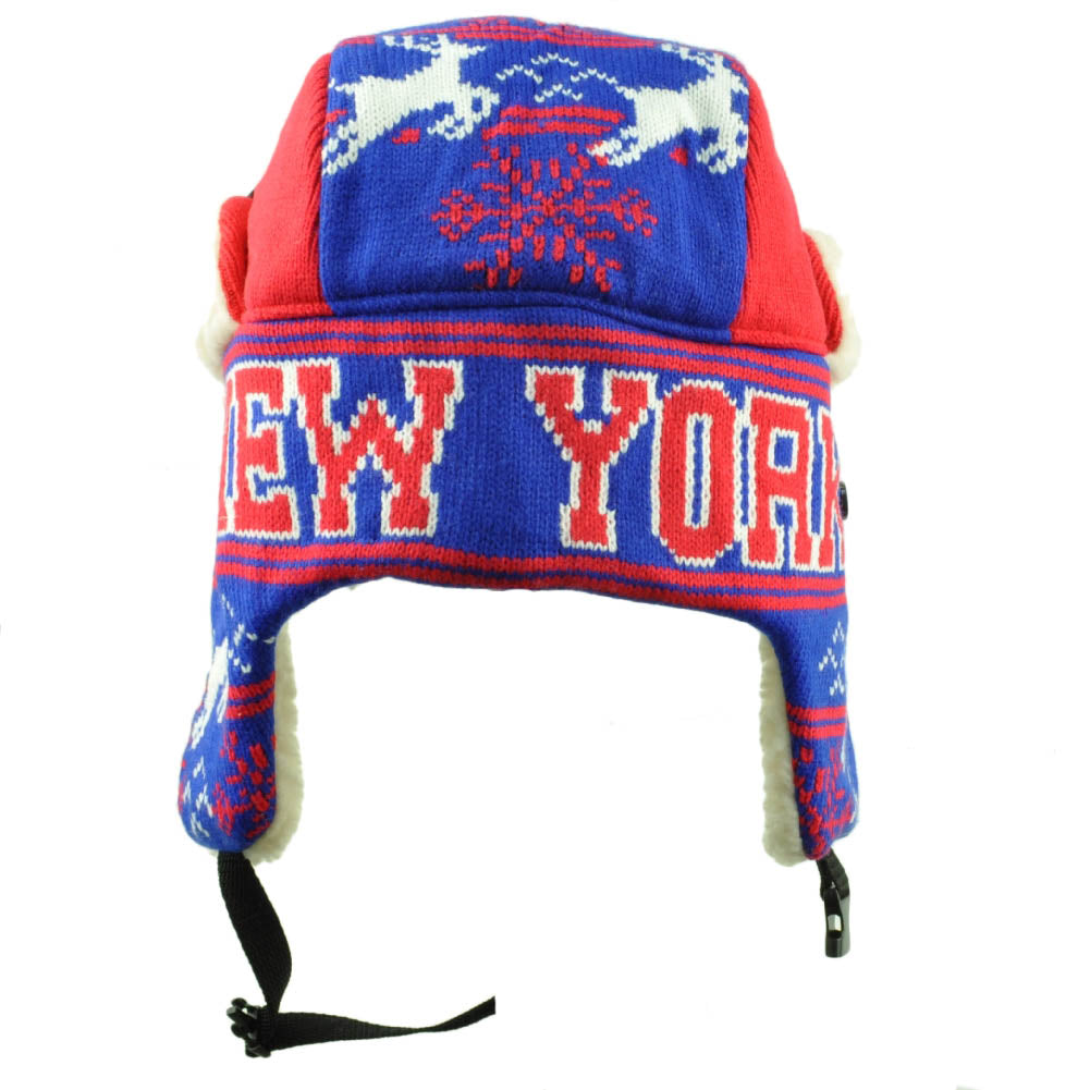 New York Trapper Aviator Knit Beanie Fleece Nordic Hat Ear Flap State Blue Red