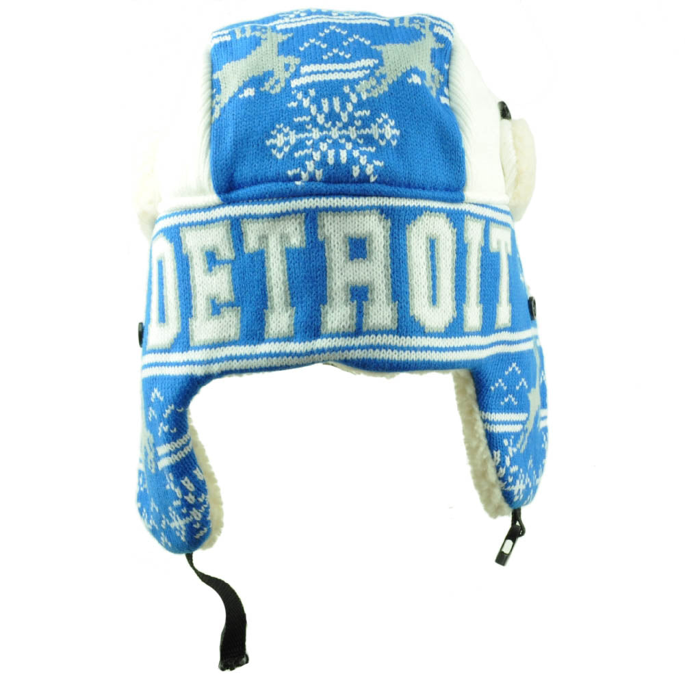 Detroit Trapper Aviator Knit Beanie Fleece Nordic Hat Ear Flap City Blue White
