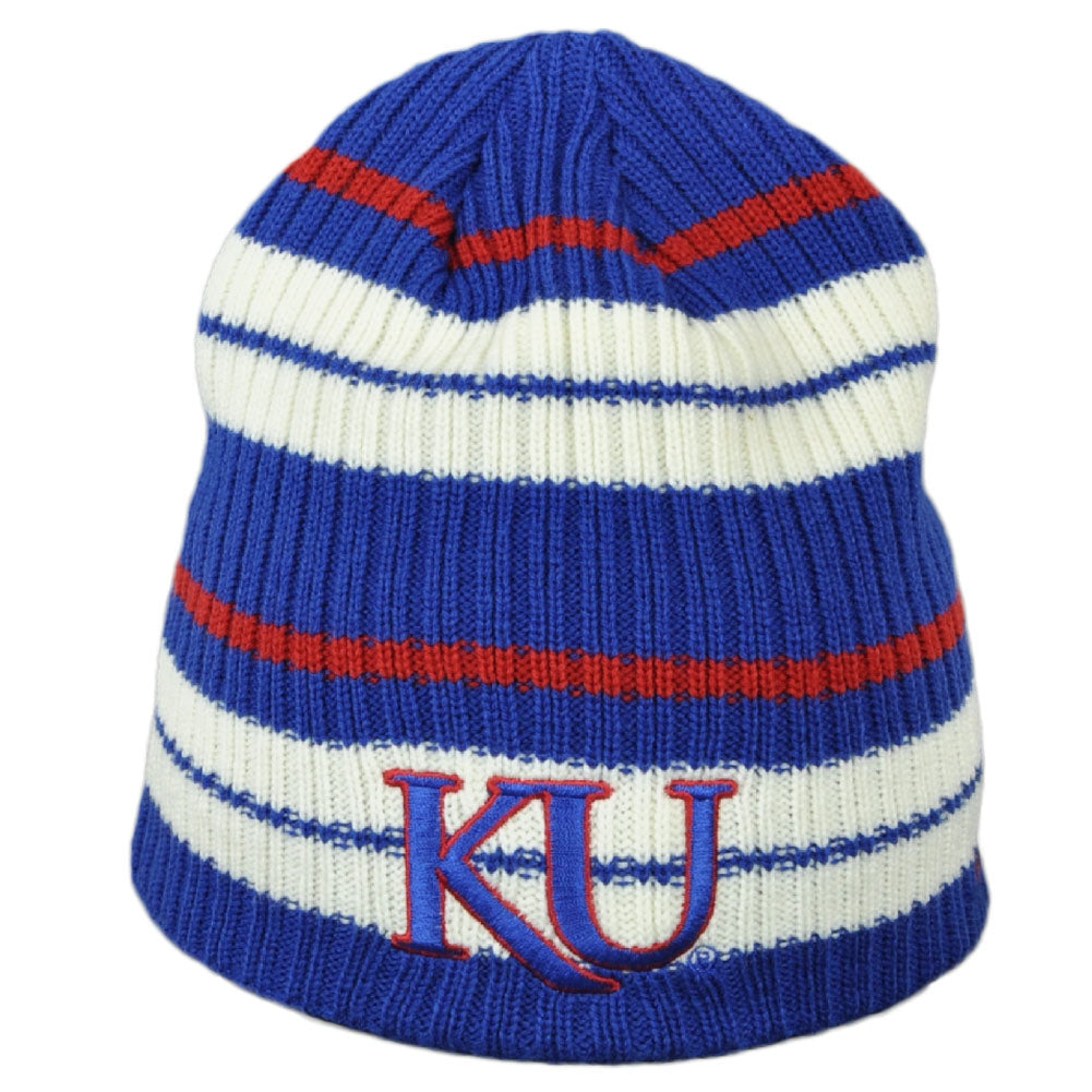NCAA Adidas Kansas Jayhawks KU94Z Cuffless Blue Beanie Knit Hat Striped Winter