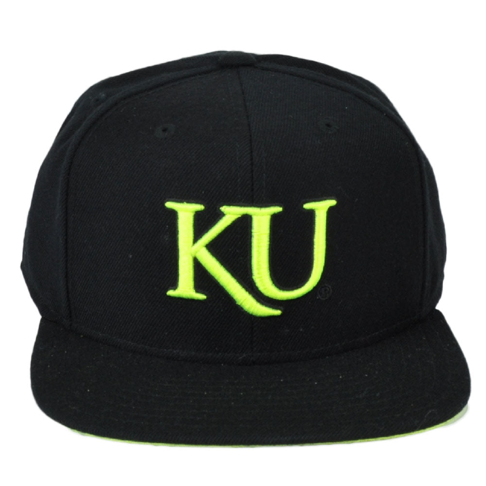 NCAA Adidas Kansas Jayhawks NK55Z Snapback Black Neon Logo Hat Cap Flat Bill