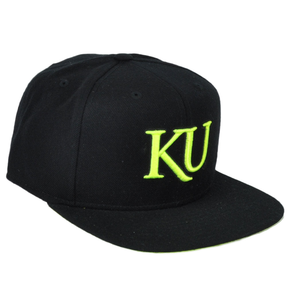 NCAA Adidas Kansas Jayhawks NK55Z Snapback Black Neon Logo Hat Cap Flat Bill