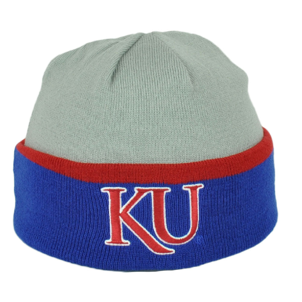 NCAA Adidas Kansas Jayhawks KY52Z Cuffed Gray Blue Knit Beanie Winter Hat