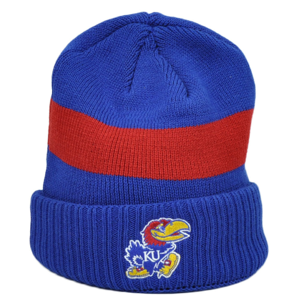 NCAA Adidas Kansas Jayhawks Cuffed Blue Blue Knit Beanie Winter Hat Striped