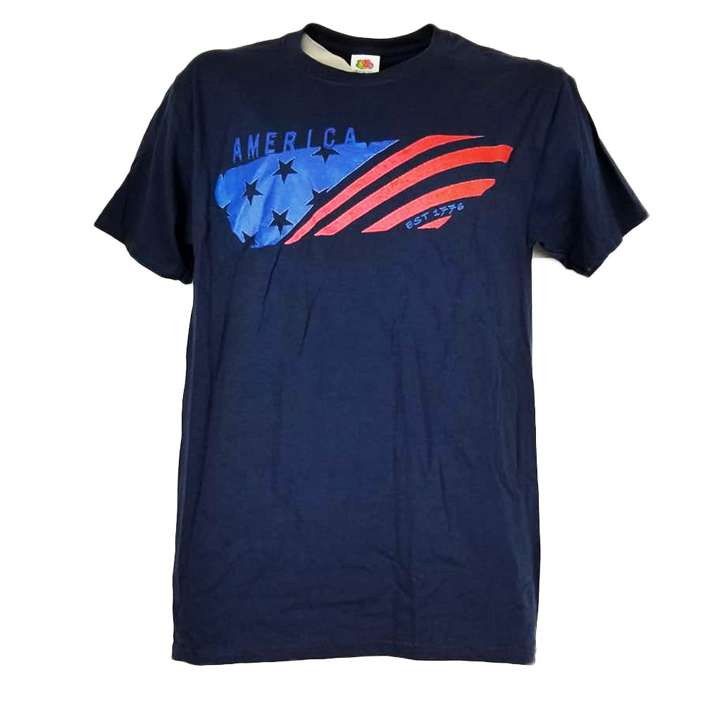 America Est 1776 Navy Blue Tshirt Tee Womens Short Sleeve Crew Neck Flag USA