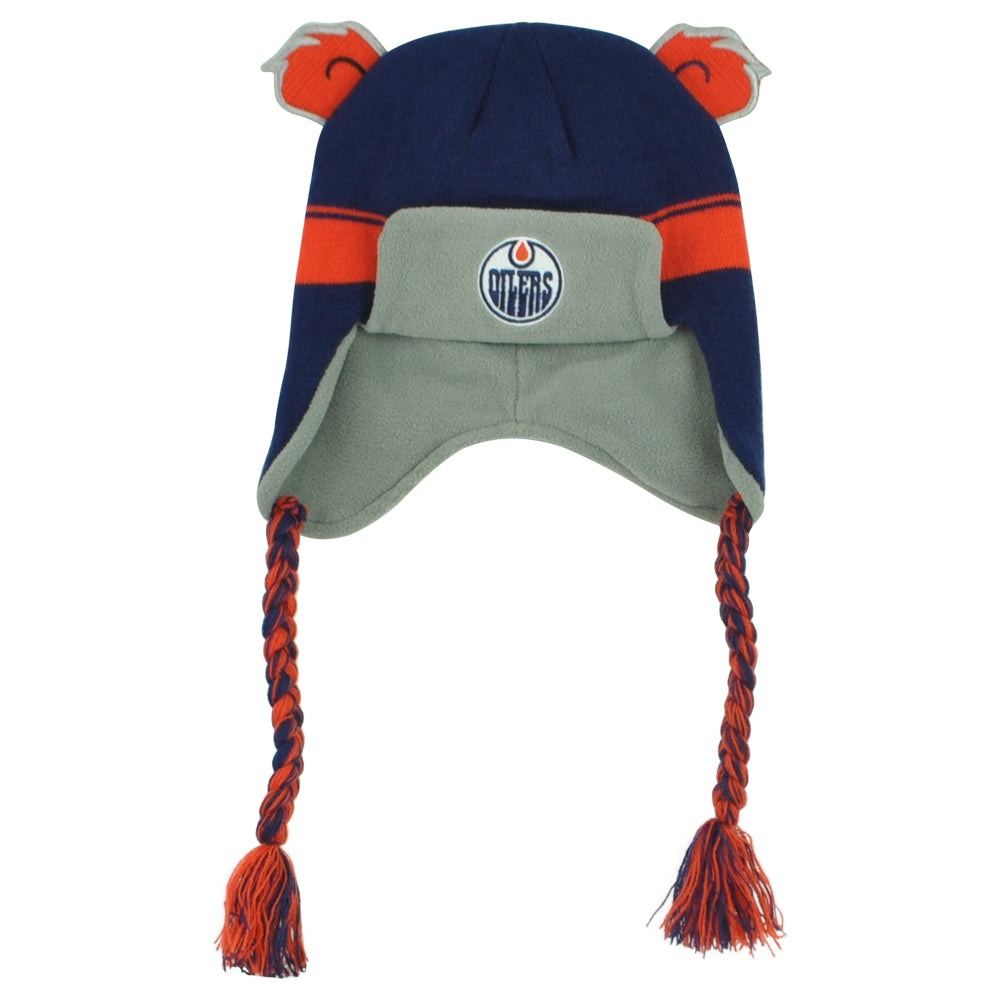 NHL Edmonton Oilers Helmet Tassels Navy Orange Winter Kids Child Knit Beanie Hat