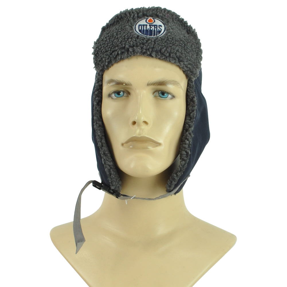 NHL Edmonton Oilers Helmet Chin Strap Navy Winter Youth Kids Knit Beanie Hat