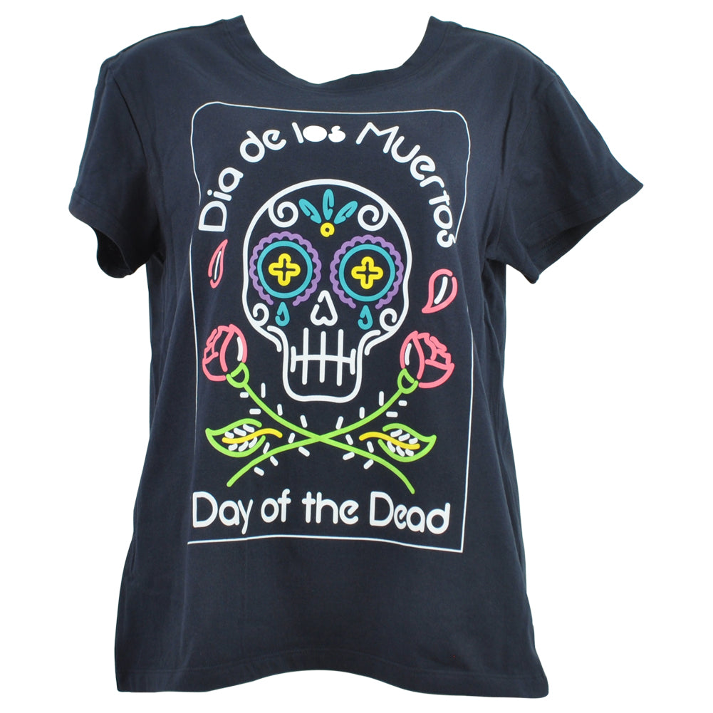 Dia De Los Muertos Day Of The Dead Crew Neck Navy Womens Ladies Tshirt Tee