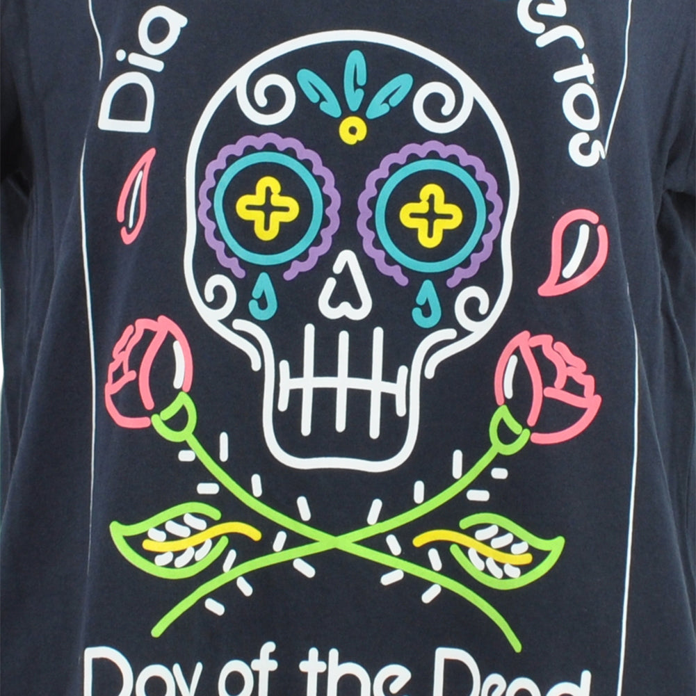 Dia De Los Muertos Day Of The Dead Crew Neck Navy Womens Ladies Tshirt Tee
