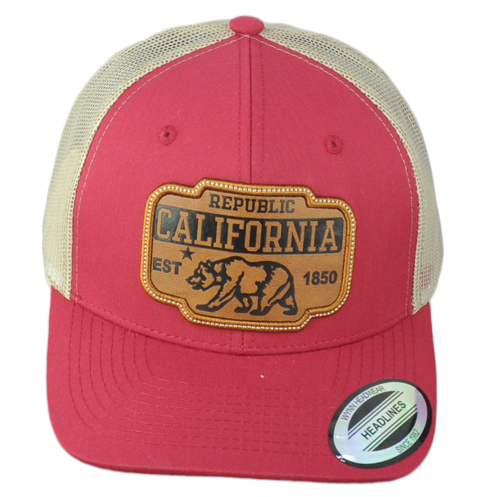 Republic California USA 1850 Burgundy Beige Adjustabl Patch Mesh Trucker Hat Cap