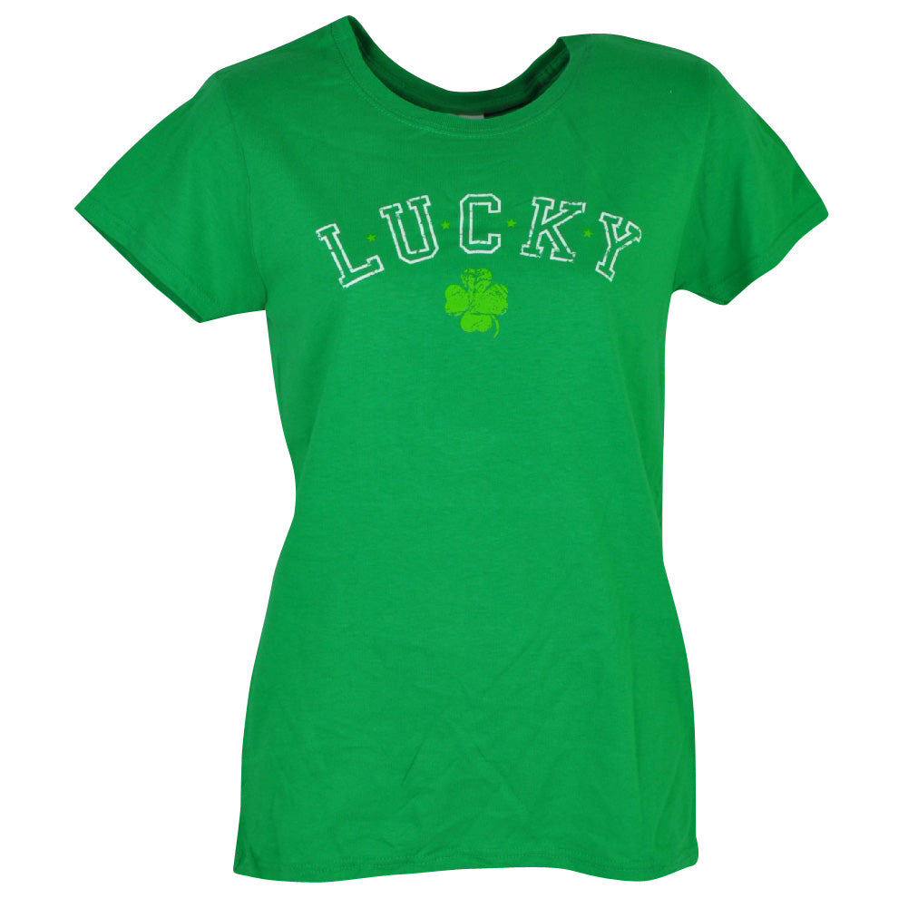 Lucky Distressed Tshirt Tee Womens Green Irish St Patricks Shamrock Luck