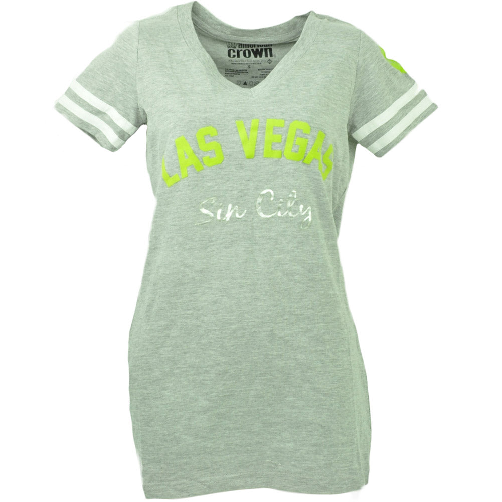 Las Vegas Sin City V Neck Womens Gray Tshirt Striped Sleeve Party Tee Ladies SM