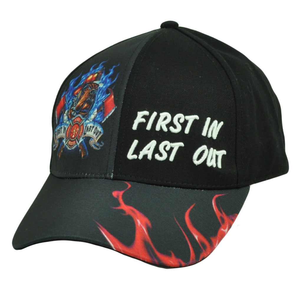 First In Last Out Fire Fighter Rescue Sublimated Hat Cap Black Adjustable Mens