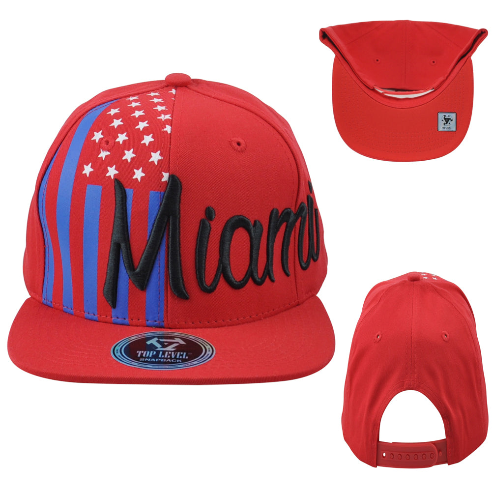 Top Level Miami City Florida State Stripes Stars Snapback Adults Red Hat Cap