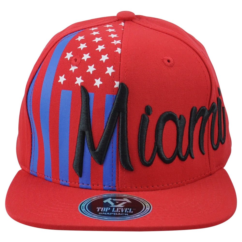 Top Level Miami City Florida State Stripes Stars Snapback Adults Red Hat Cap