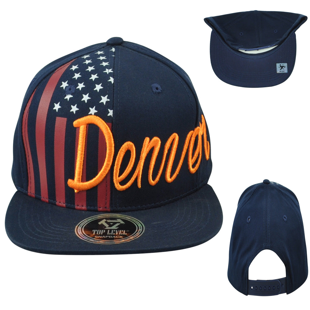 Top Level Denver City Colorado State Stripes Stars Snapback Adults Navy Hat Cap