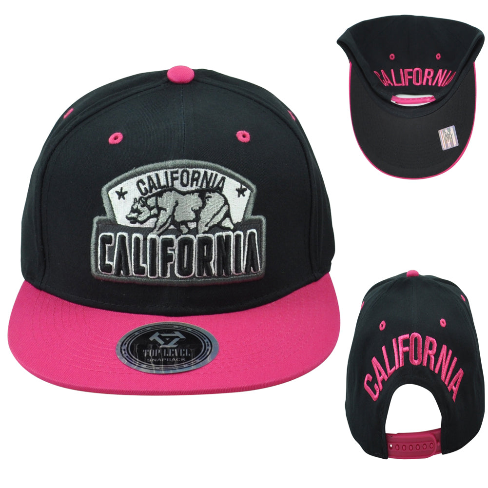 Top Level California Cali Bear Logo State Black Pink Adults Snapback Hat Cap